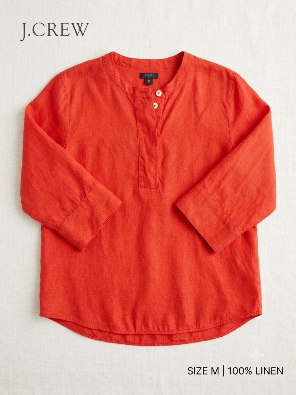 J.Crew Red 100% Linen Henley Blouse Short Sleeve - Size M